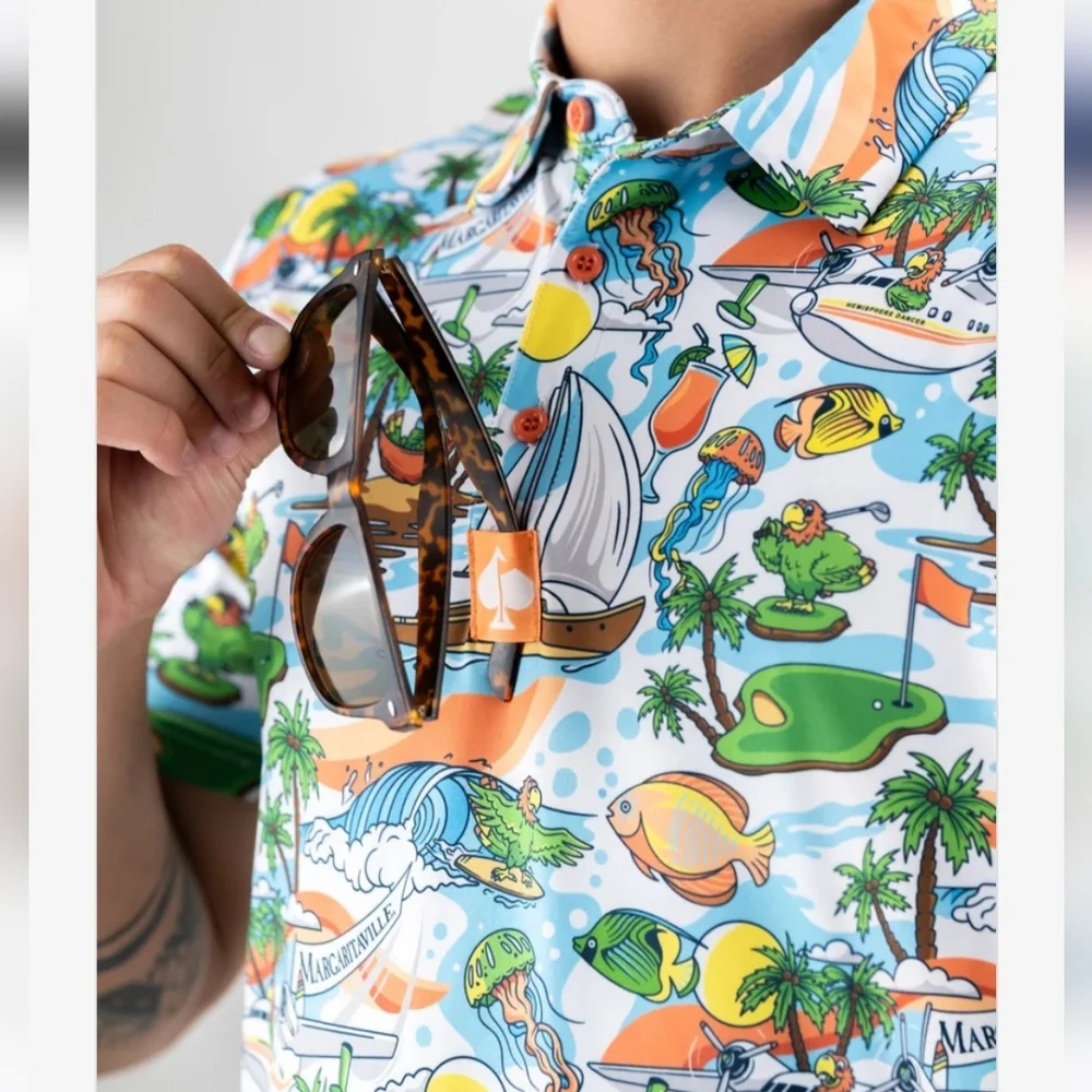 Pins & Aces Margaritaville Pins In Paradise Golf Polo XL Hawaiian Athletic Fit - Picture 2 of 7